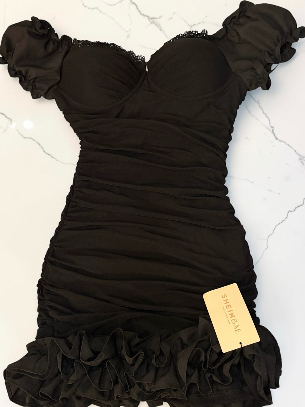 SHEIN Black Ruffled Off-Shoulder Ruched Mini Dress with Puff Sleeves